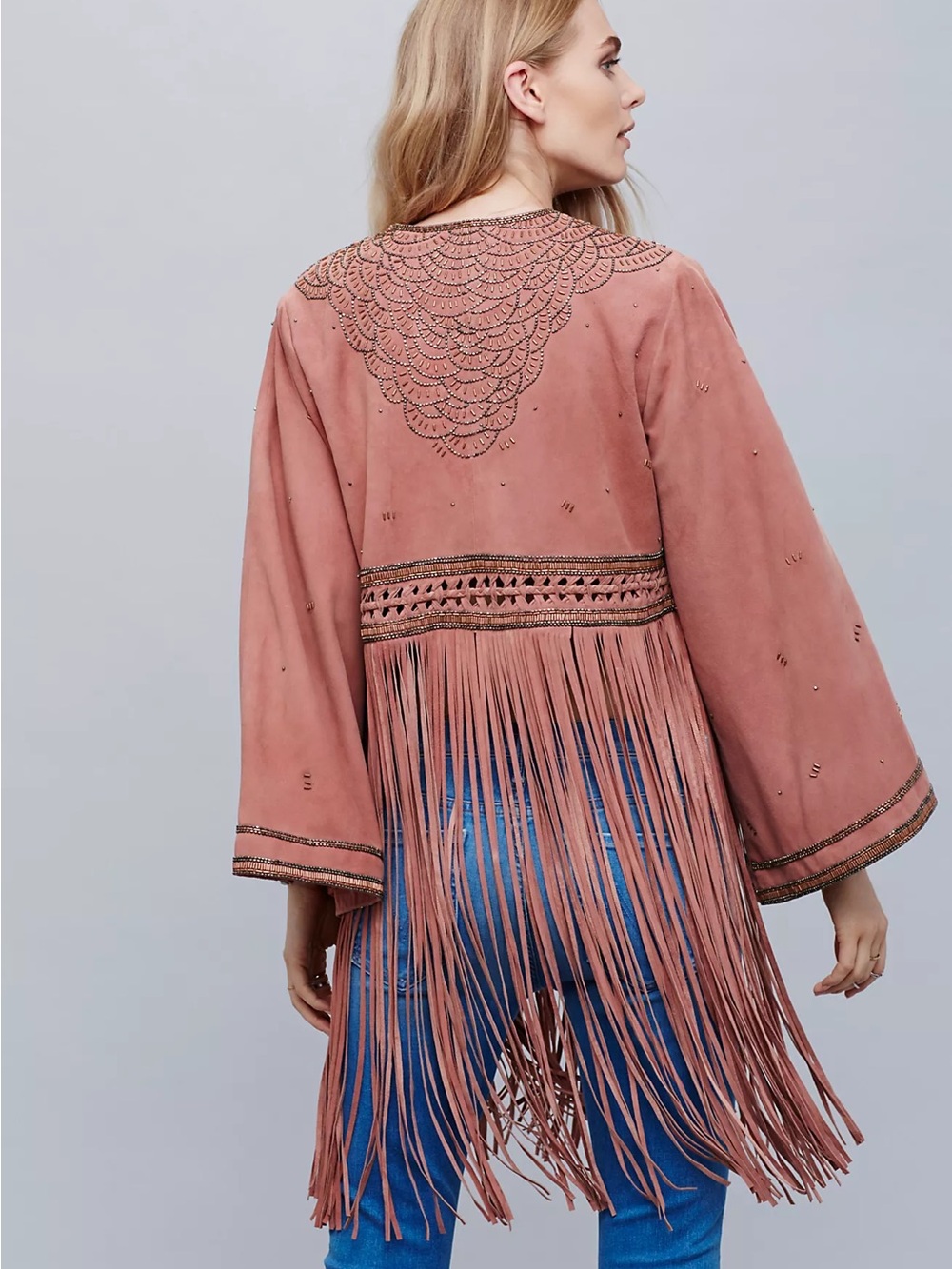 Free People Suede Dusty Rose Beading fringe kimono